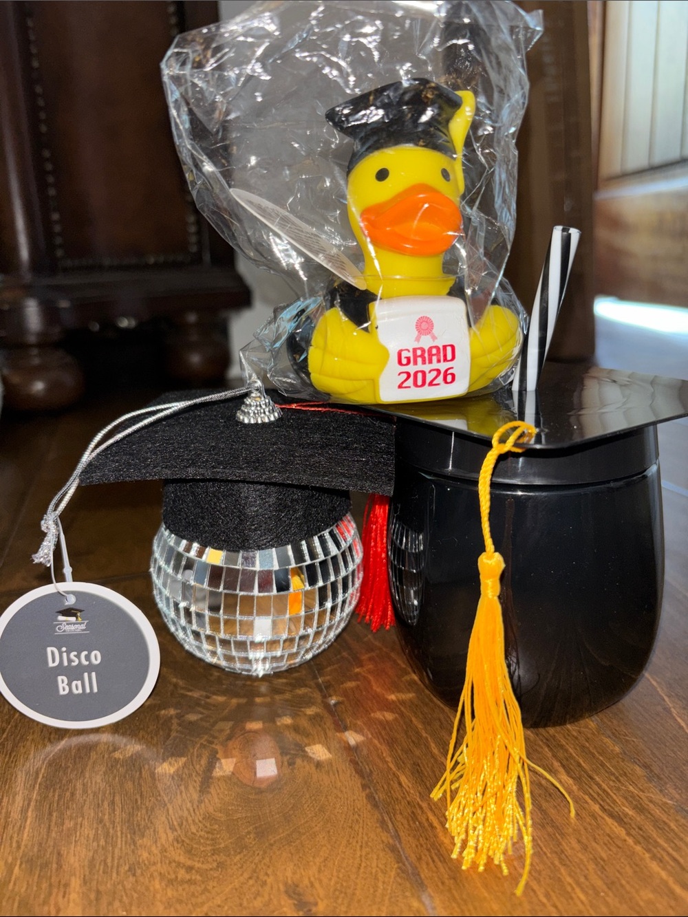 Graduation Cap CUP, Duck, and Disco Ball Set with Tassels NWT